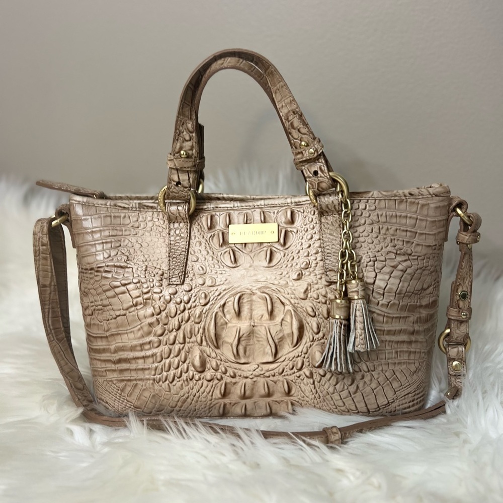 Brahmin Crocodile-Embossed Cream Satchel
